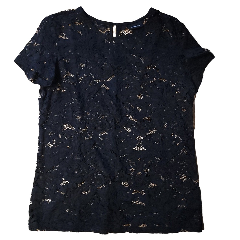 WHO WHAT WEAR Black Lace Short Sleeve Top‎ Medium Sheer Feminine Floral Classic
